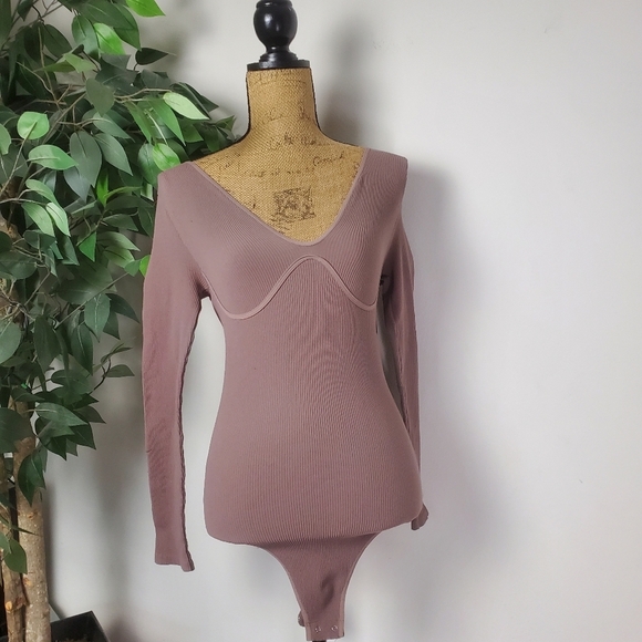 Free People Tops - Free People Intimately FP Meg Rib Seamless Thong Bodysuit Mauve Large
